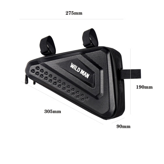 Black hard-shell bicycle triangle bag with front panel, top straps, and side zip