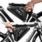 Black hard-shell bicycle triangle bag on bike front frame with phone inside