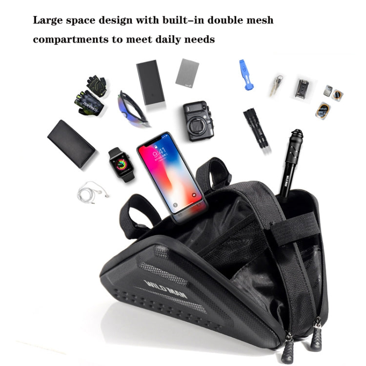 Black bicycle triangle bag with double mesh compartments for tools and accessories