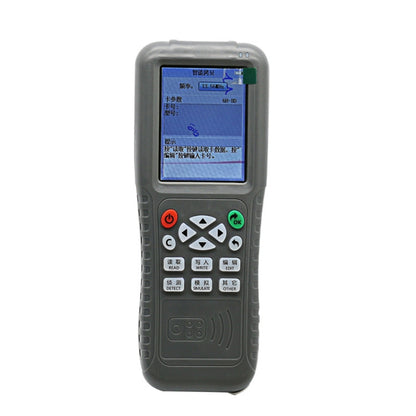 Handheld smart card duplicator with blue screen and button keypad, gray outer casing