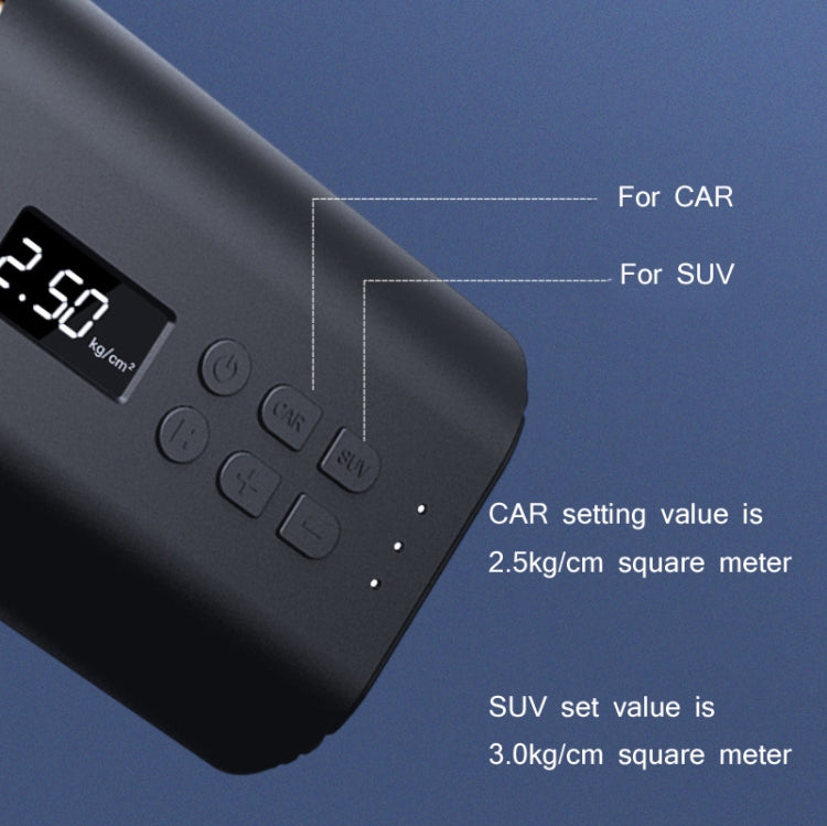 Black tire air pump with button control panel and digital pressure display