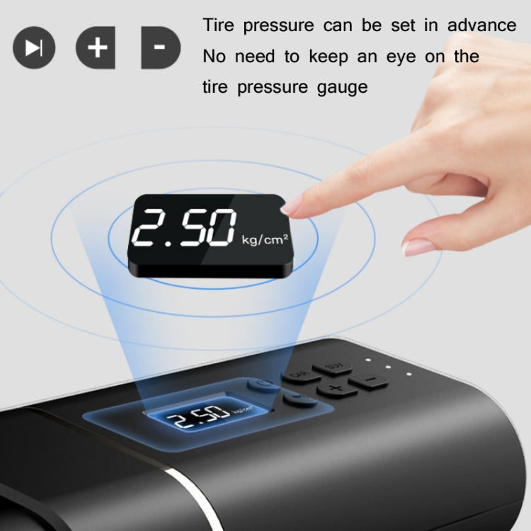Black tire air pump with digital pressure screen and hand pressing control buttons