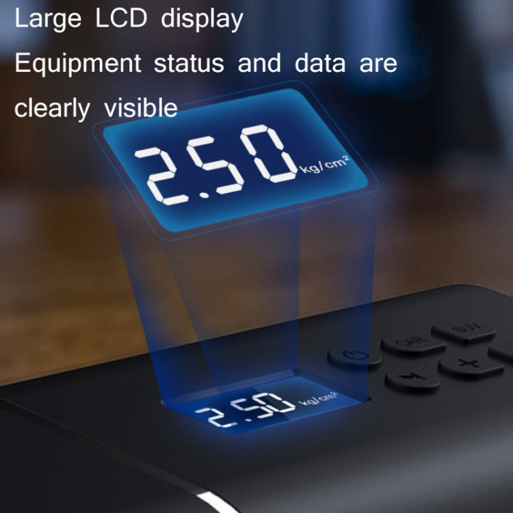 Black electric tire pump with large LCD display showing pressure and control buttons