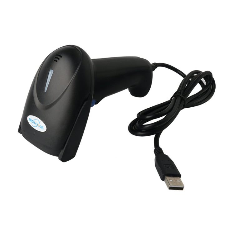 Black wired 1D barcode scanner with ergonomic hand grip and USB cable