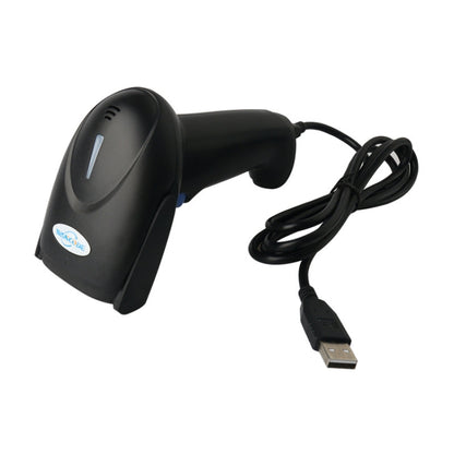 Black wired 1D barcode scanner with ergonomic hand grip and USB cable