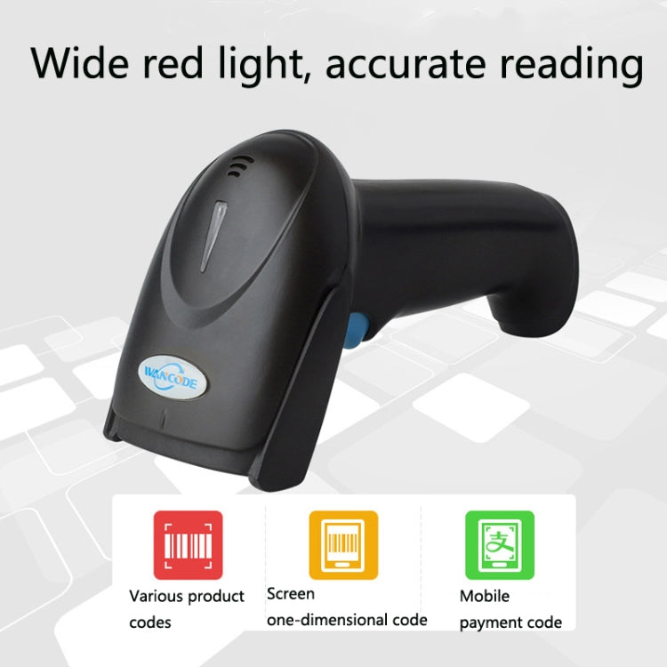 Black wired 1D barcode scanner angled view with scan window