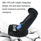 Black 1D barcode scanner with blue rubber accent and underside label