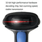 Black 1D barcode scanner scan window close-up with red light beam