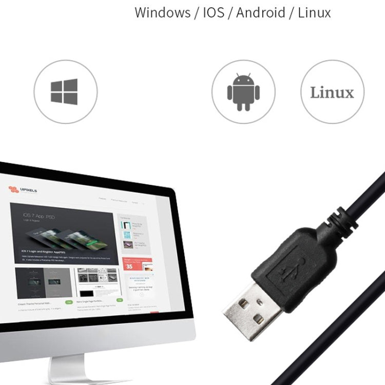 Black wired barcode scanner with USB cable and system compatibility ports