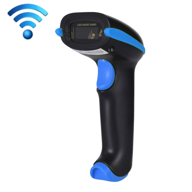 Handheld laser barcode scanner, black body with blue accents and trigger grip.
