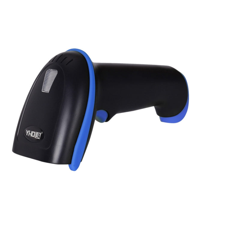 Wireless handheld barcode scanner, black with blue accents, angled top view.