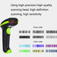 Handheld barcode scanner with scanning window showing a red laser line and barcodes.