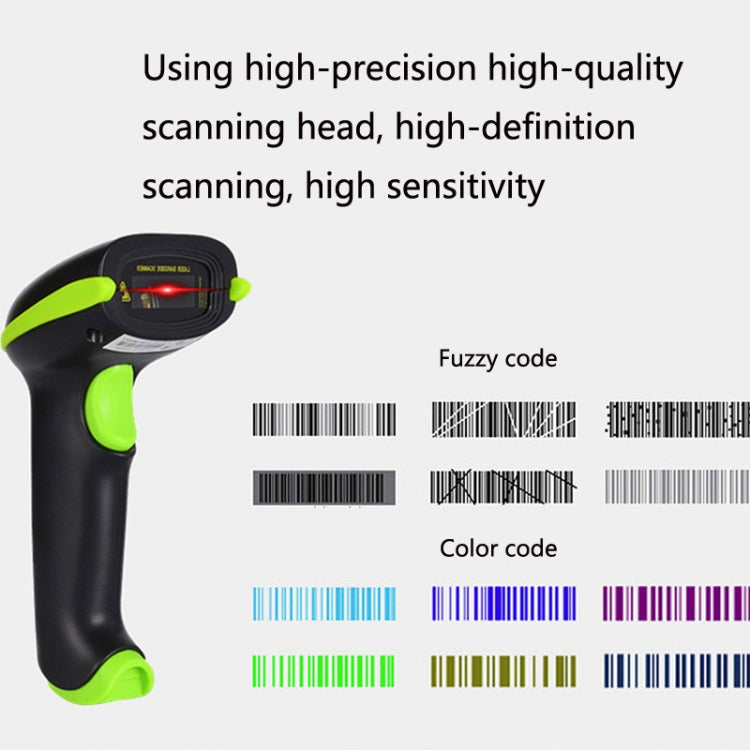 Handheld barcode scanner with scanning window showing a red laser line and barcodes.