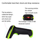 Handheld laser barcode scanner, black body with green accents, side angle view.