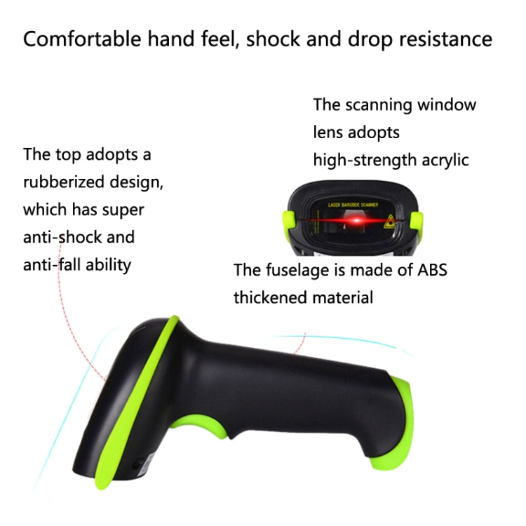 Handheld laser barcode scanner, black body with green accents, side angle view.
