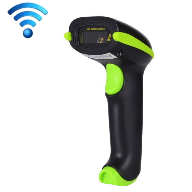 Handheld laser barcode scanner, black body with bright green accents, front view.