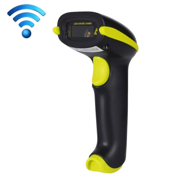 Handheld laser barcode scanner, black body with yellow-green accents, front view.