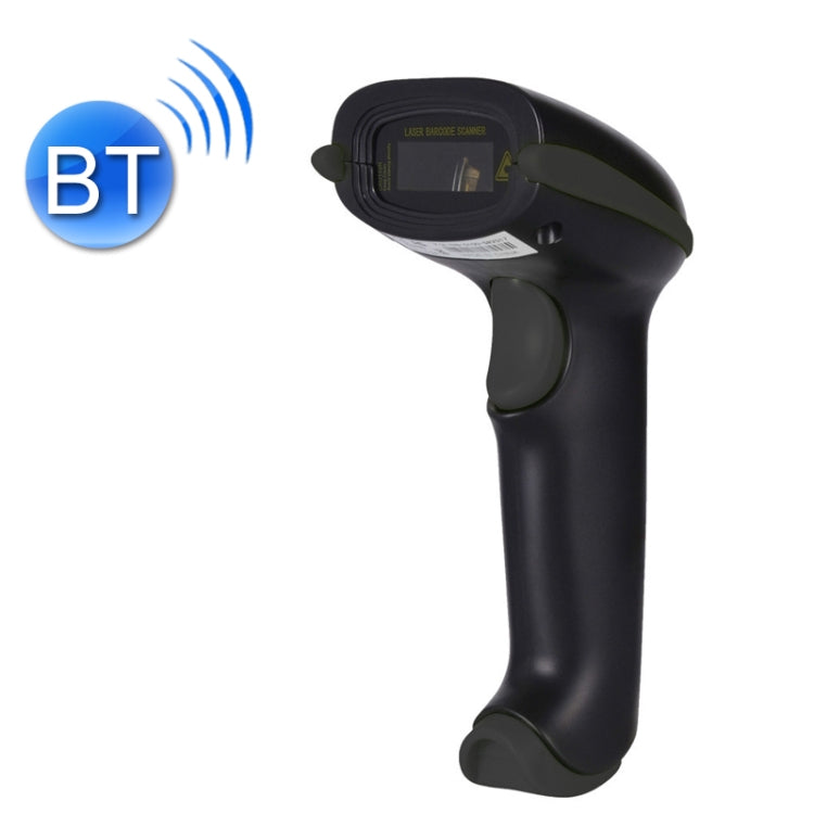 Wireless handheld barcode scanner, black with dark accents, Bluetooth-style wireless icon.