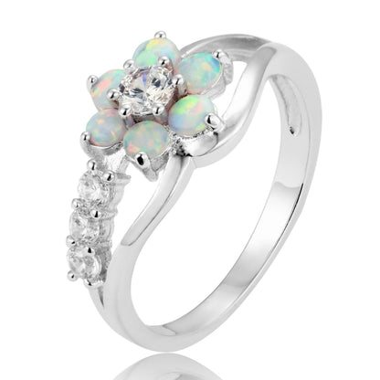 925 silver flower opal ring with round cubic stones and shimmering opal petals