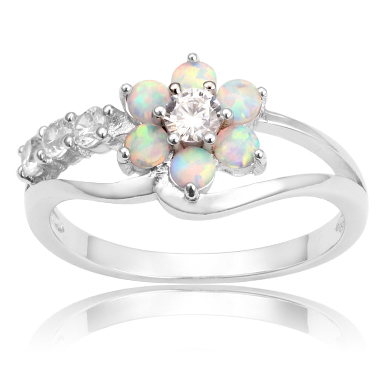 Silver opal flower ring with center round stone, oval opal accents, and curved band