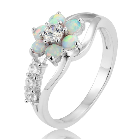 925 silver flower opal ring with round cubic stones and shimmering opal petals
