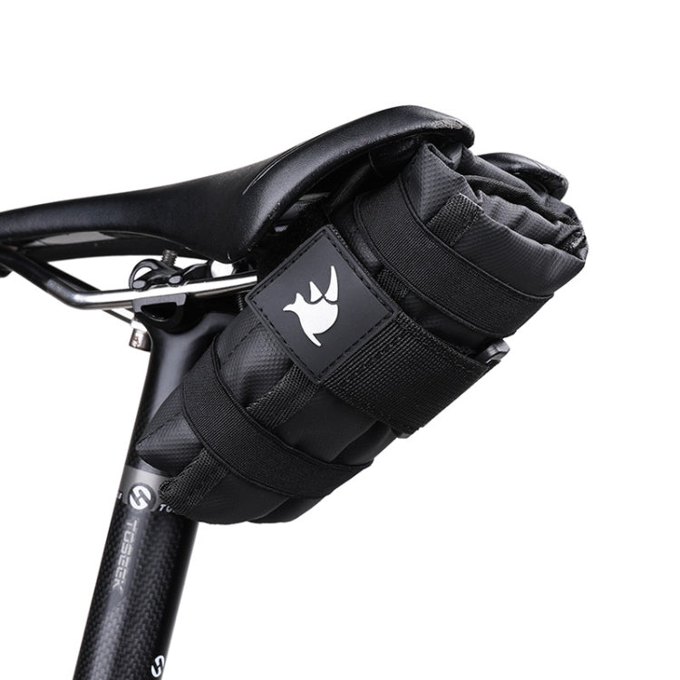 Black bicycle saddle tool bag mounted on a bike saddle with attached side pouches