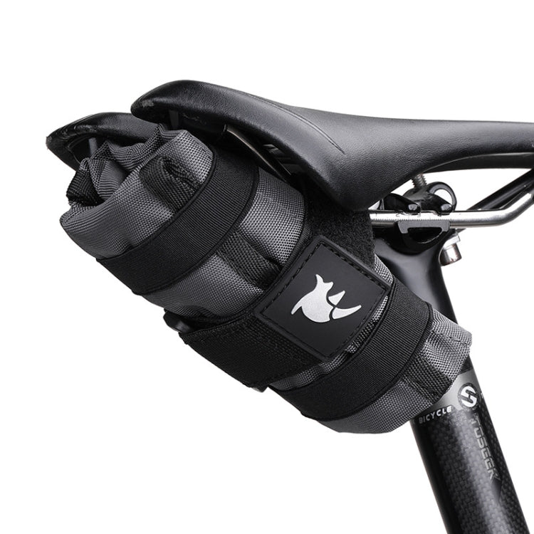 Black bike saddle tool storage bag with top elastic straps and front logo patch
