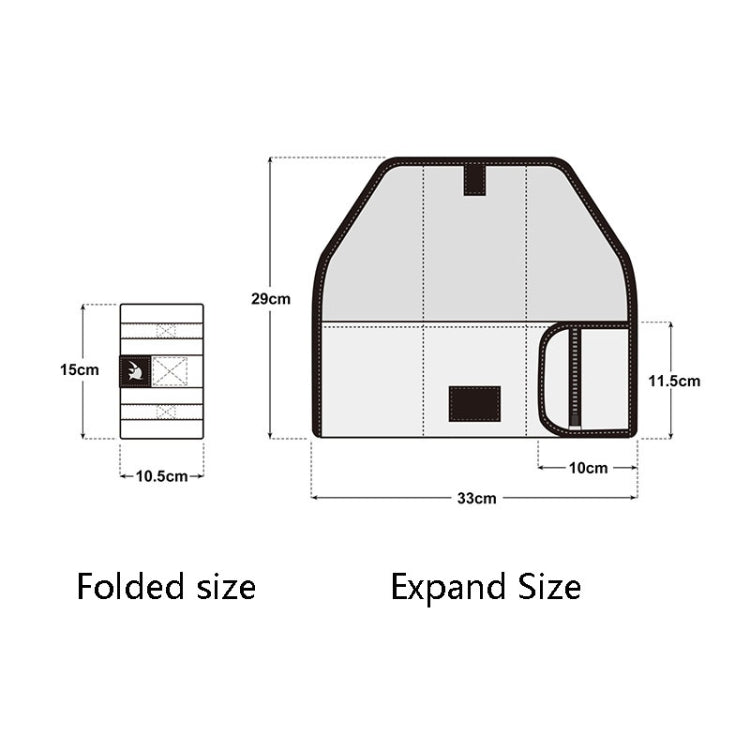 Size chart diagram for bicycle saddle tool storage bag, showing folded and expanded sizes