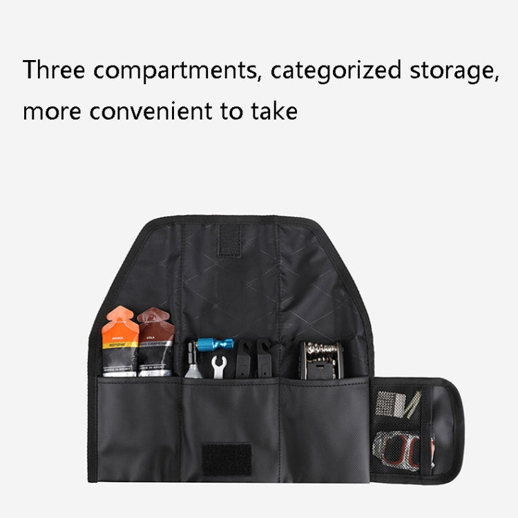Black bicycle saddle tool bag opened to show three compartments and side organizer pocket
