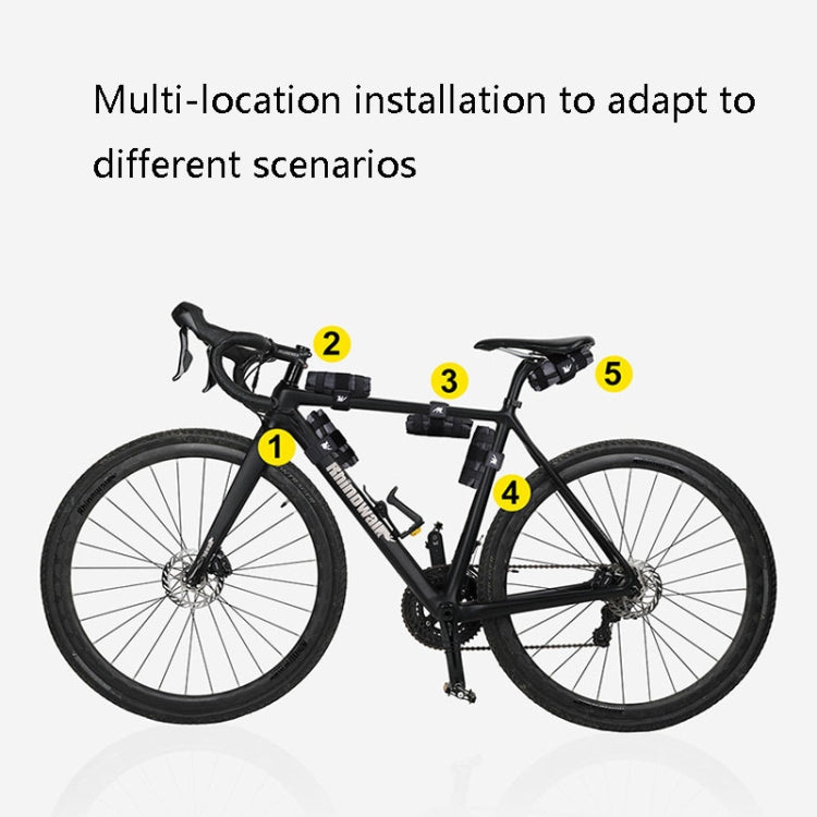 Bicycle saddle tool bag installed on a bike with indicated mounting positions