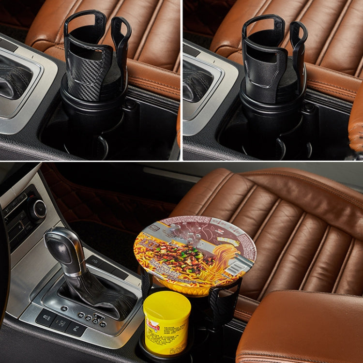 Car cup rack on console with two cup slots and side bottle cup, holding items