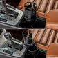 Car cup rack on console with carbon-pattern dual cup slots and removable base cup