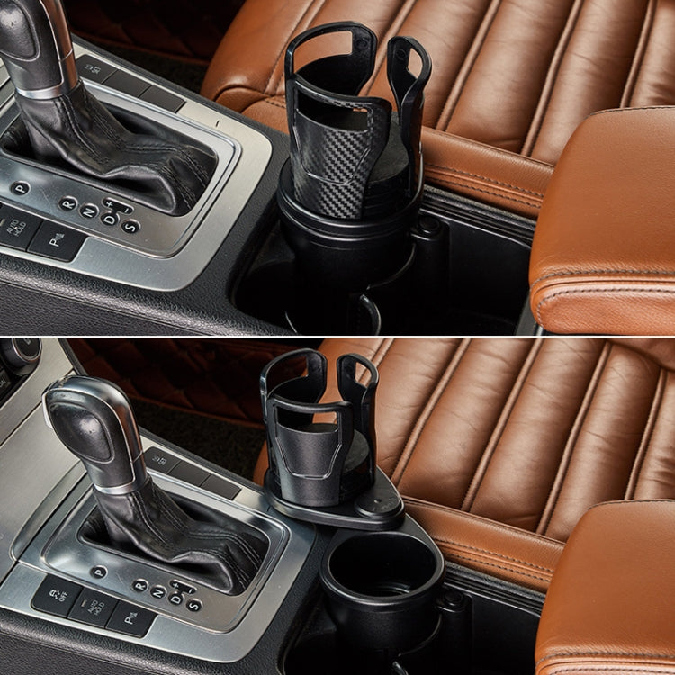 Car cup rack on console with carbon-pattern dual cup slots and removable base cup