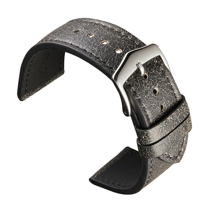 Black cowhide leather watch strap with broken texture, silver buckle and underside lining