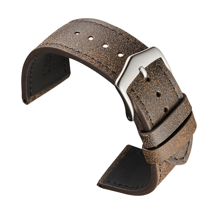 Deep coffee brown cowhide leather watch strap with broken texture, silver buckle and holes