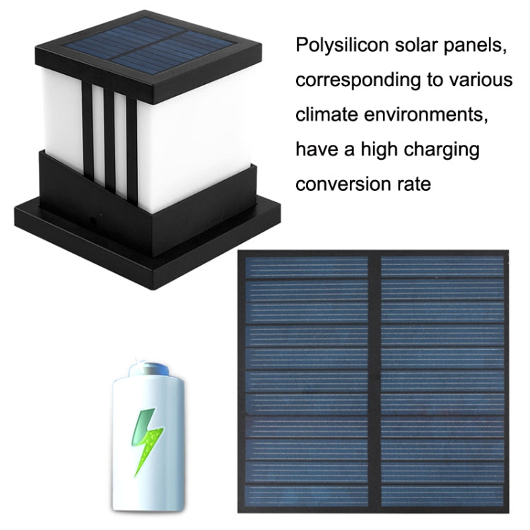 Solar column head lamp with square panel on top, white diffuser, black base