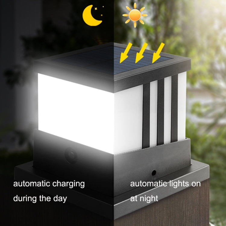 Outdoor solar column lamp with frosted white diffuser and bright light at night