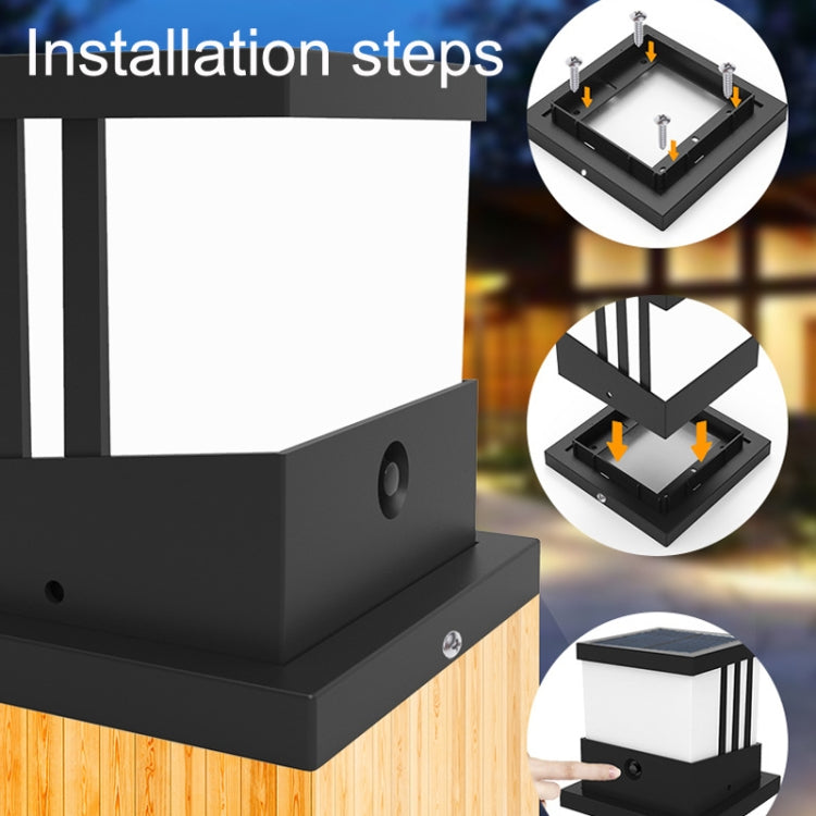 Solar column lamp installation view with mounting base and visible screw points
