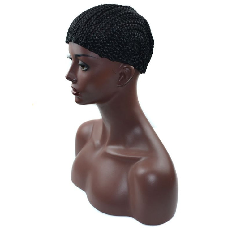 Black knitted dreadlock net cap shown from the side with textured crown.