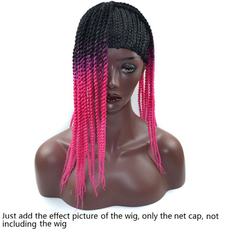 Black net cap with long pink braided dreadlock strands at both sides.