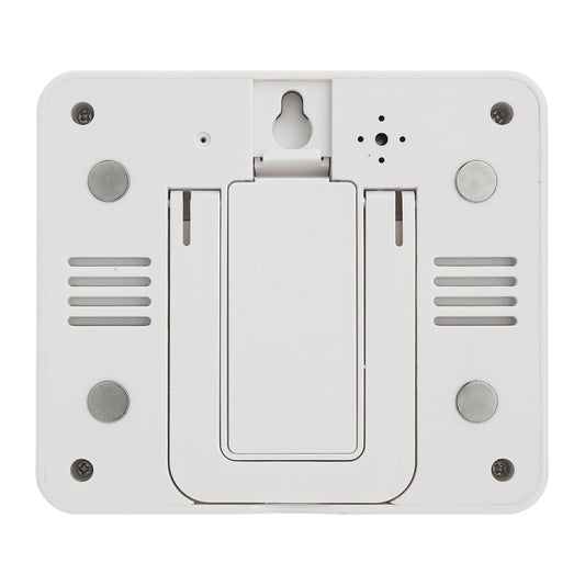 Back of white wall-mount digital thermometer with mounting holes and vent openings