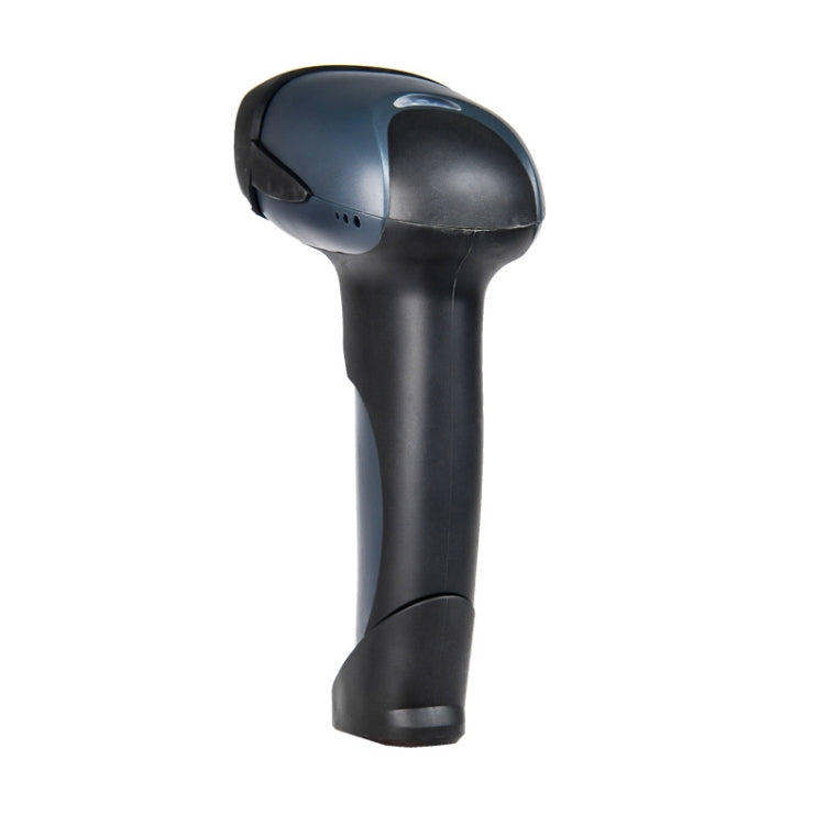 Handheld wireless barcode scanner in dark blue and black with scanning head