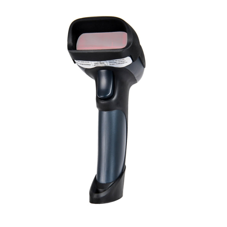 Wireless barcode scanner with illuminated scanning window and black and blue handle