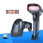 Two-position view of wireless barcode scanner, red scan light and USB receiver