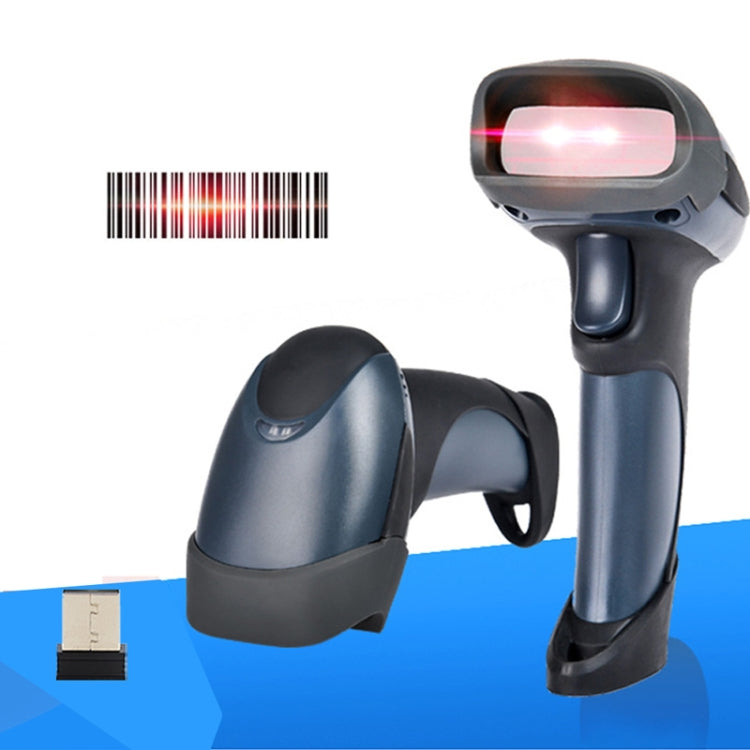 Two-position view of wireless barcode scanner, red scan light and USB receiver