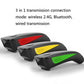 Set of three wireless barcode scanners in black with red, yellow, and green accents.