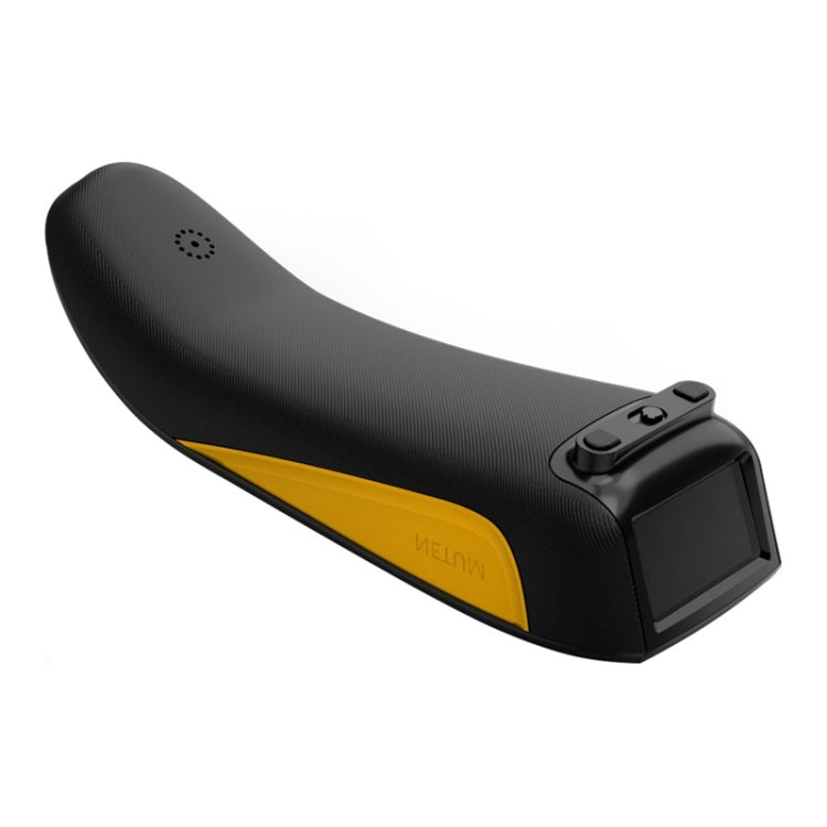 Wireless barcode scanner side view in black with yellow accent stripe.