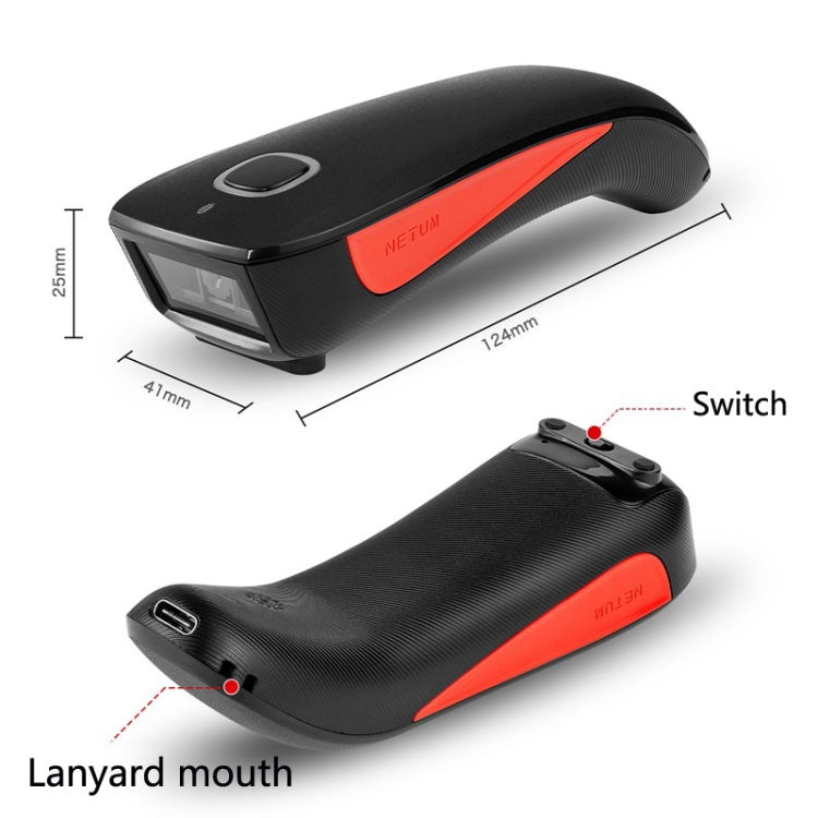 Wireless barcode scanner with red accent panel, scan window, and side switch.