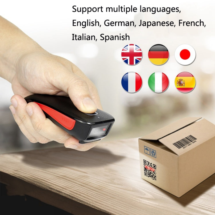 Handheld wireless barcode scanner with red accent panel and black ergonomic grip.