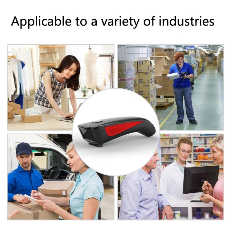 Wireless barcode scanner with red accent panel on a white background.